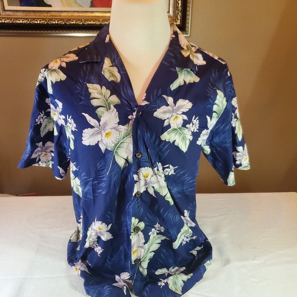 Aloha Republic Mens Size Large Blue Floral Hawaiian Shirt Short Sleeve Button Up
